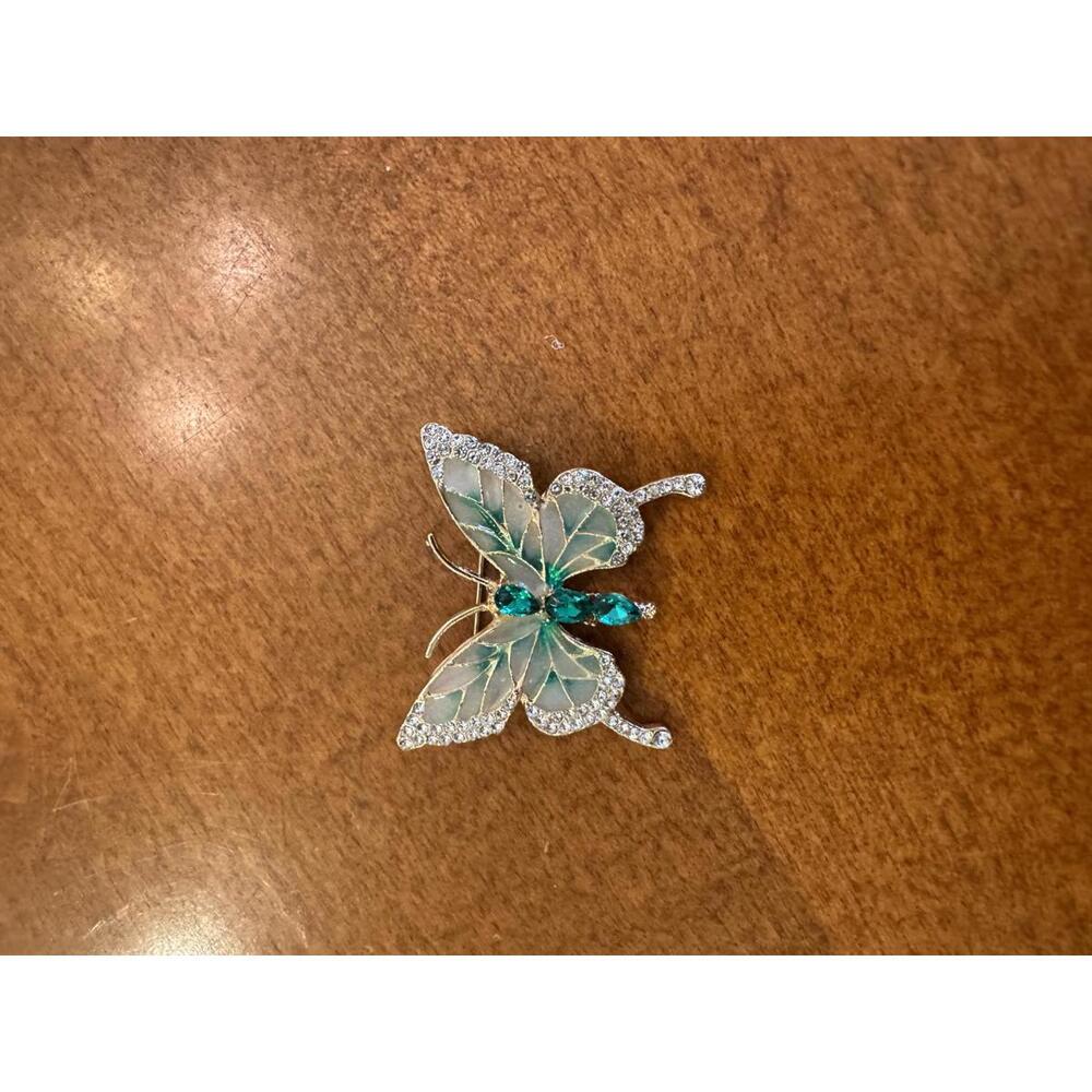 Butterfly Brooch with Green and Clear Rhinestones